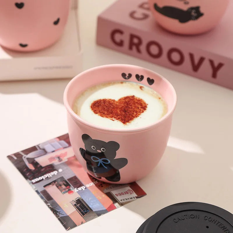 Cute and Portable Cup with Silicone Lid Pink Hand-held Coffee Cup Girl's Best Friend Water Mug Beautiful Drinking Ceramic Cup