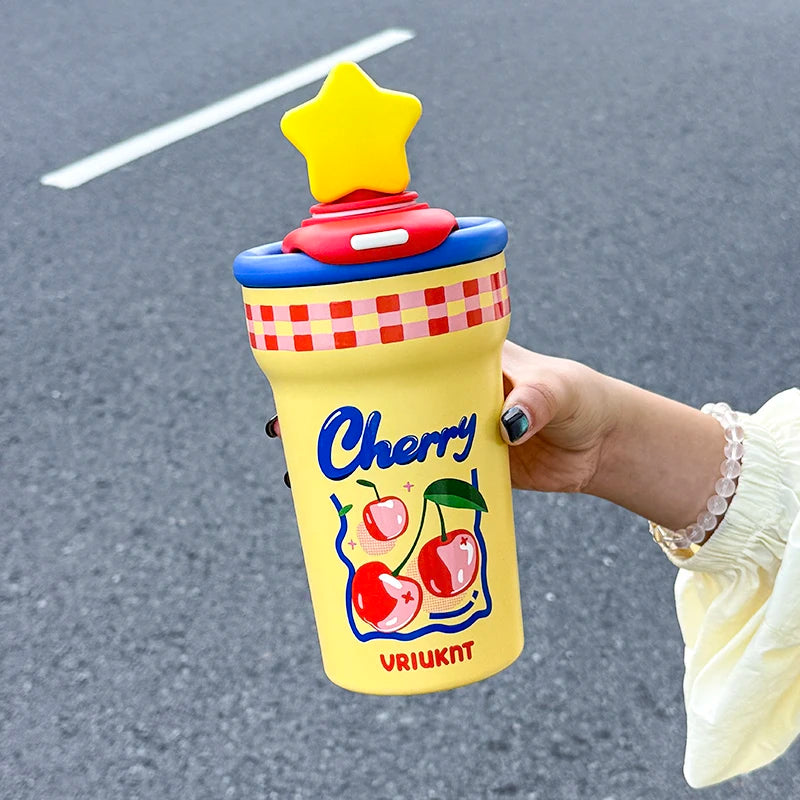1pc Stainless Steel Vacuum Insulated Cup 760ml Large Capacity Star Cold Insulation Ice Cup with One Lid for Dual Drinking
