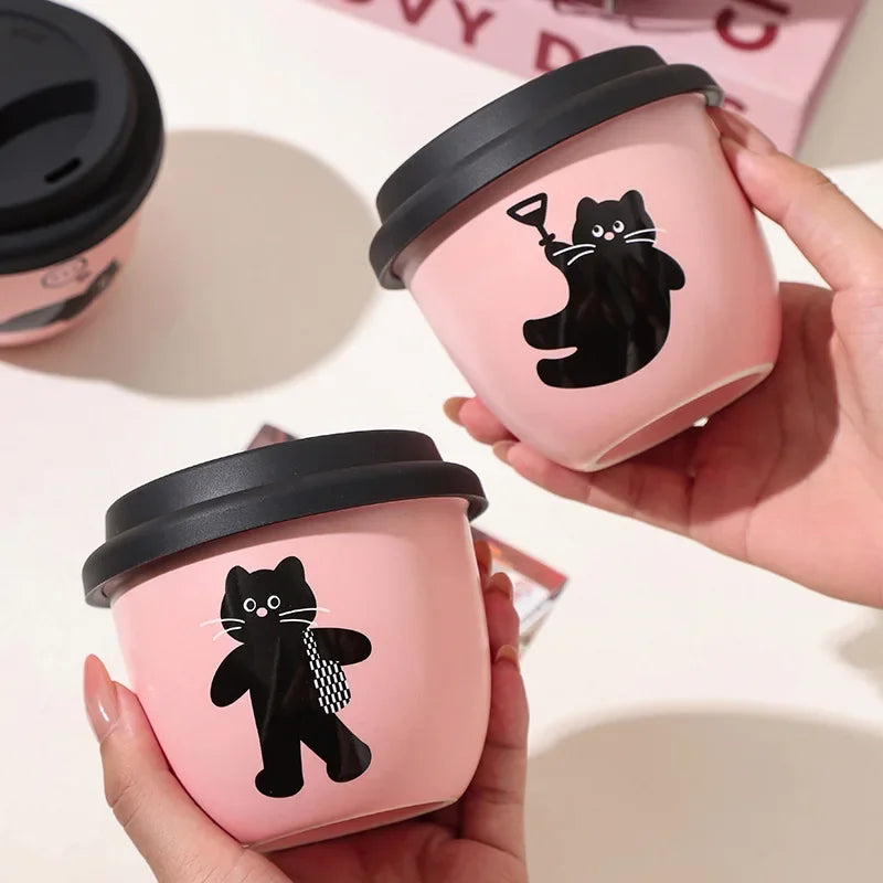 Cute and Portable Cup with Silicone Lid Pink Hand-held Coffee Cup Girl's Best Friend Water Mug Beautiful Drinking Ceramic Cup