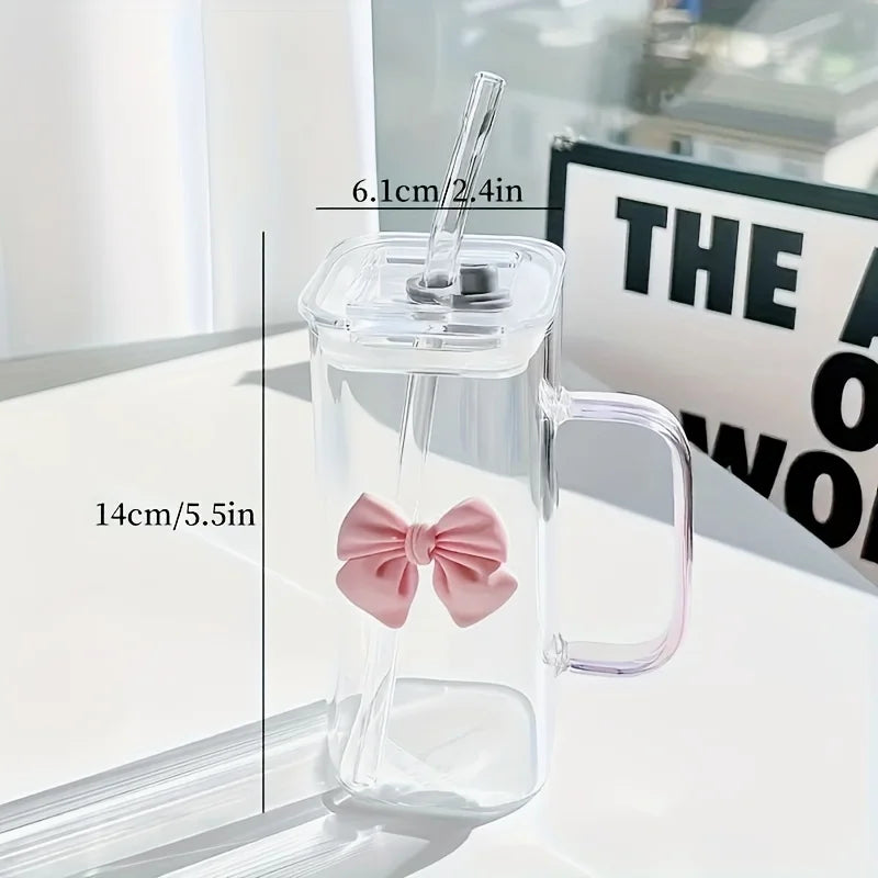 6-Piece Square Bow Straw Cups Set, 14oz Heat-Resistant Borosilicate Glass, Cute Bow Design, Perfect for Coffee & Juice