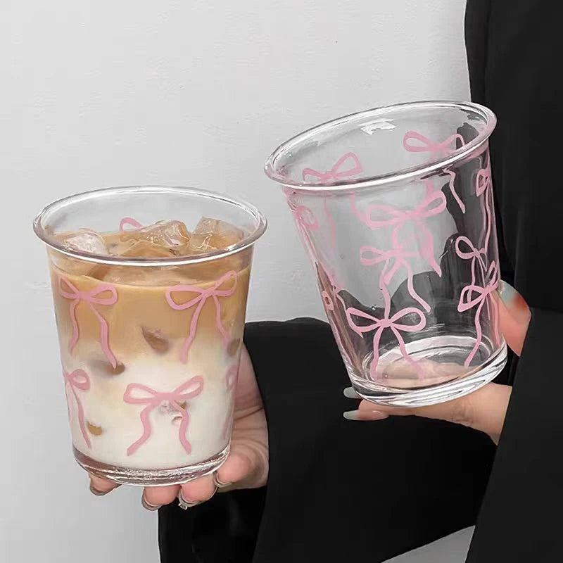 Bow Glass Cute Water Cup Cartoon Bow Glass Cup Striped Cute Doodle Coffee Mug Household Fruit Tea Lemonade Girls Gift