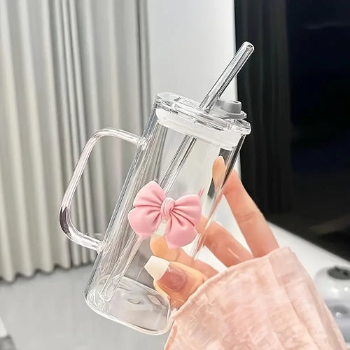 6-Piece Square Bow Straw Cups Set, 14oz Heat-Resistant Borosilicate Glass, Cute Bow Design, Perfect for Coffee & Juice